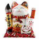 Agitando gato chino - Porcelana 21,5 cm blanco - Maneki Neko de alta calidad 03