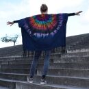 Poncho Oberteil blau bunt Überwurf Fransen Batik