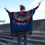 Poncho blue colourful throw over fringes batik