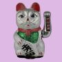 Glückskatze Maneki-neko Winkekatze aus Keramik 20cm silber winkende Katze Lucky cat