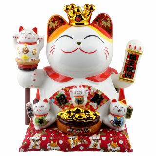 Glückskatze Maneki-neko Winkekatze aus Porzellan 26cm weiß winkende Katze 03