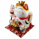 Glückskatze Maneki-neko Winkekatze Krone Porzellan 26cm weiß winkende Katze Lucky cat