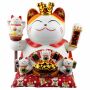 Agitando gato chino Maneki-neko corona porcelana 26cm gato saludando blanco Lucky Cat