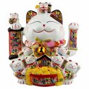 Agitando gato chino Maneki-neko Familia porcelana 30cm gato saludando blanco Lucky Cat